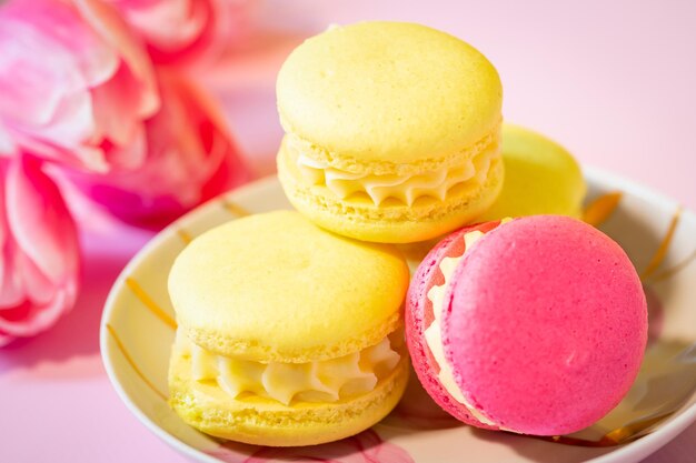 Delicious French macaroon dessert closeup Colorful macaroonsbright yellowpink shades