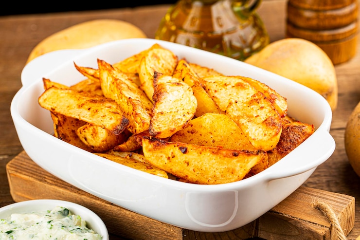 Фотография вкусный свежий запеченный картофель запеченные картофельные дольки