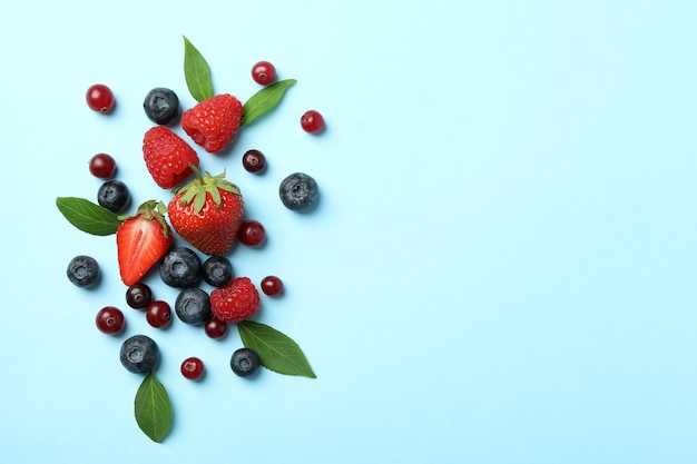 Delizioso mix di frutti di bosco freschi sul blu