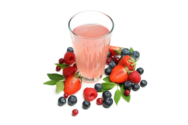 Delicious fresh berry mix and juice on white