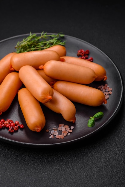 Delicious fresh boiled sausages with salt spices and herbs