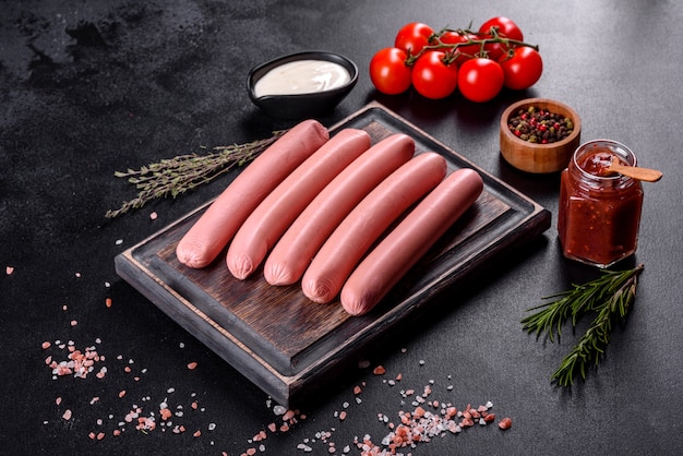 Delicious fresh boiled sausages with vegetables and spices on a dark concrete background