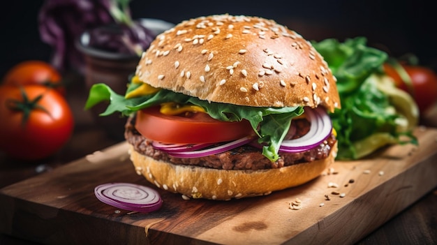 Delicious fresh burger on food market ready to eat