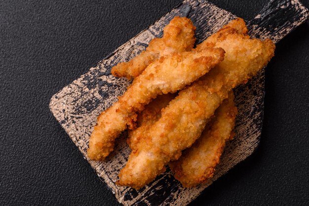 Delicious fresh chicken or turkey strips or nuggets breaded with salt and spices