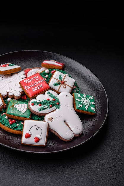 Delicious fresh colorful Christmas or New Year gingerbread cookies