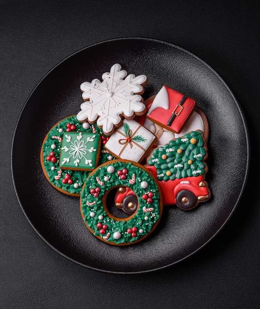 Delicious fresh colorful Christmas or New Year gingerbread cookies