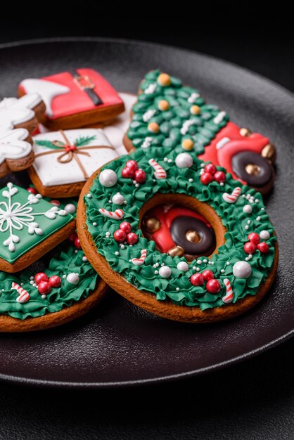 Delicious fresh colorful Christmas or New Year gingerbread cookies