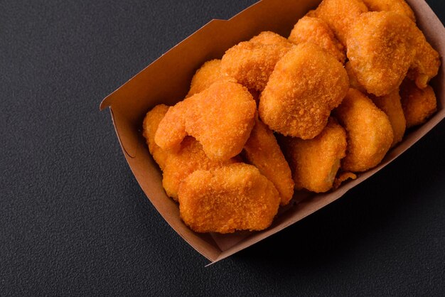 Delicious fresh crispy chicken nuggets on a dark concrete background