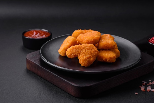 Delicious fresh crispy chicken nuggets on a dark concrete background