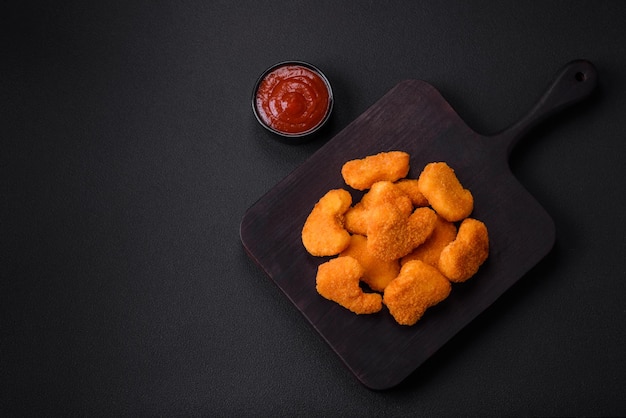 Delicious fresh crispy chicken nuggets on a dark concrete background