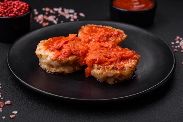 Delicious fresh cutlets or meatballs with spices herbs and tomato sauce