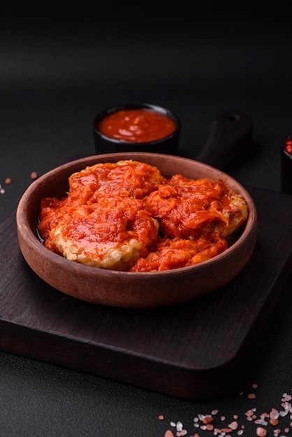 Delicious fresh cutlets or meatballs with spices herbs and tomato sauce