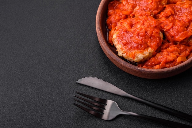 Delicious fresh cutlets or meatballs with spices herbs and tomato sauce