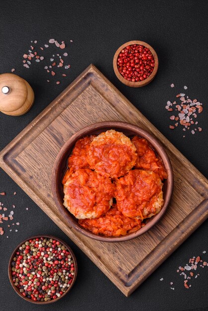 Delicious fresh cutlets or meatballs with spices herbs and tomato sauce