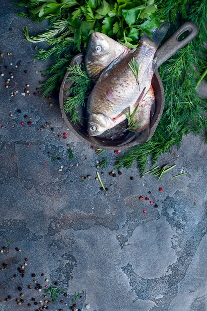 Delicious fresh fish on dark vintage background.