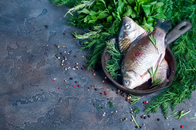 Delicious fresh fish on dark vintage background.