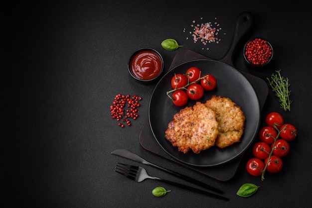 Delicious fresh fried minced chicken meat cutlets with salt spices and herbs