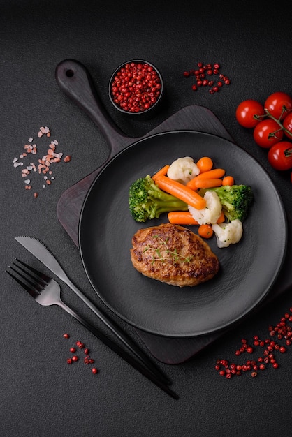 Delicious fresh fried minced fish cutlets with spices and herbs on a dark concrete background