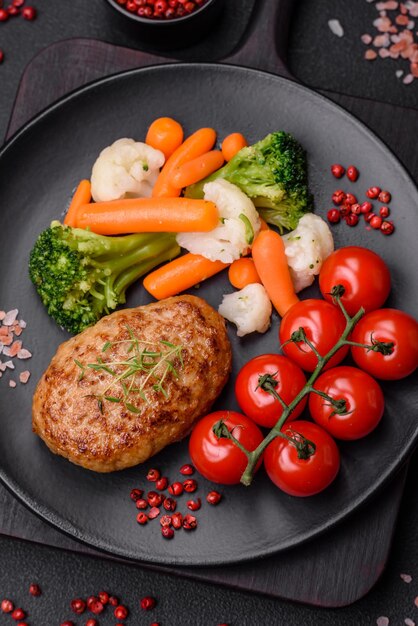 Photo delicious fresh fried minced fish cutlets with spices and herbs on a dark concrete background