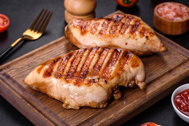 在黑暗的混凝土背景上用香料和草藥煮的美味的新鮮烤雞肉片