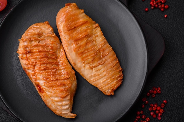 Delicious fresh grilled chicken fillet with spices and herbs on a dark concrete background