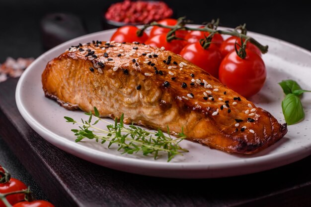 Delicious fresh grilled red fish with salt spices and herbs on a dark concrete background