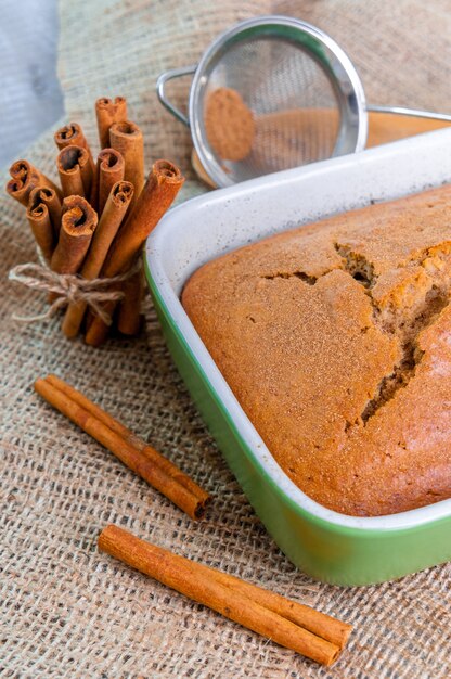 Delicious fresh homemade cinnamon loaf cake in the ceramic dish