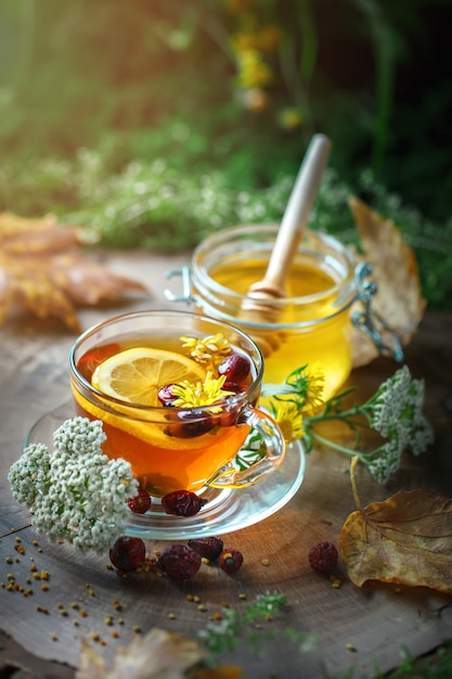 Delicious fresh honey and a Cup of healthy tea with lemon and rose hips