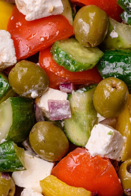 Delicious fresh juicy greek salad with feta cheese olives tomatoes cucumber pepper salt and spices on a dark concrete background