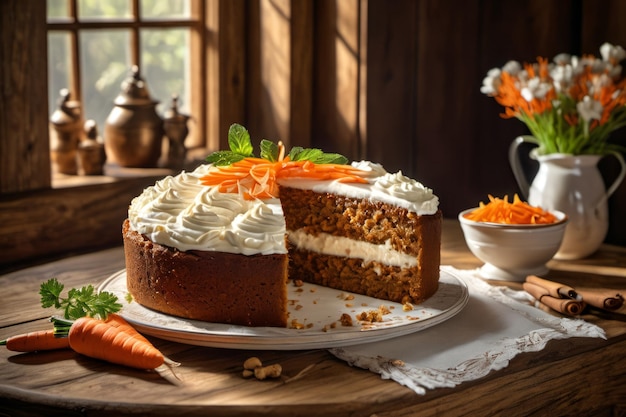 Delicious fresh layered homemade carrot cake with cream cheese frosting and cinnamon on wooden table