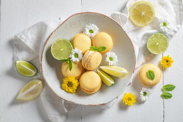 Delicious and fresh lemon macaroons as a spring snack