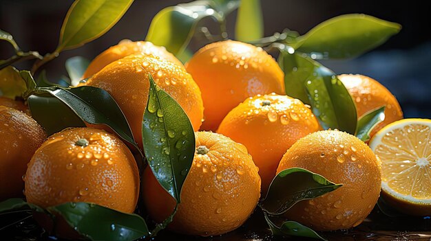 Foto deliziosa arancione fresca con sfondo nero e sfocato