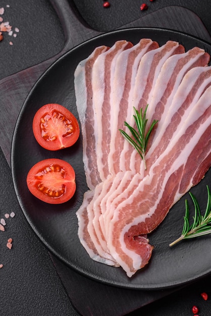 Delicious fresh pancetta with salt and spices cut into thin slices