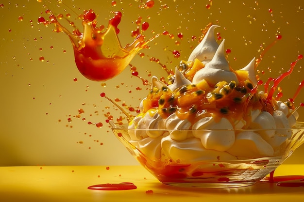 Delicious Fresh Passion Fruit Sundae Splashing op een levendige gele achtergrond Exotisch dessert concept