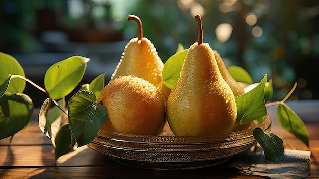 Delicious fresh pears fruits with black and blur background