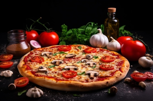 Delicious fresh pizza served on wooden black table generated with ai