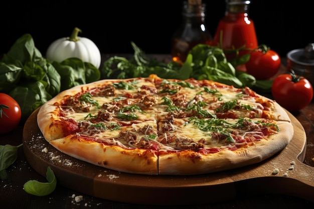 Delicious fresh pizza on wooden pizza board on table with vegetables and spices