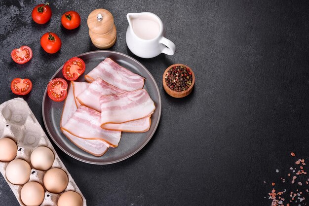 Delicious fresh raw bacon cut with slices on a grey plate against a dark concrete background