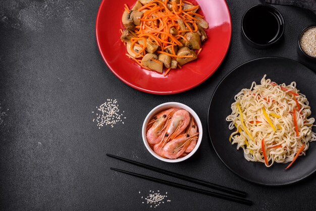 Delicious fresh rice noodles with shrimp spices and herbs