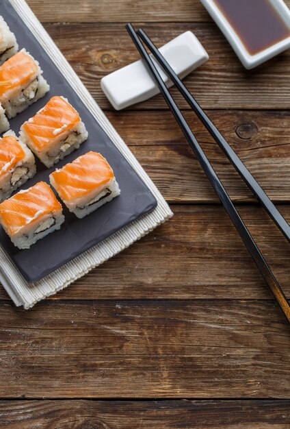 Delicious fresh rolls with salmon closeup