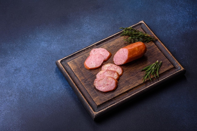 Delicious fresh smoked sausages cut with slices on a wooden cutting board