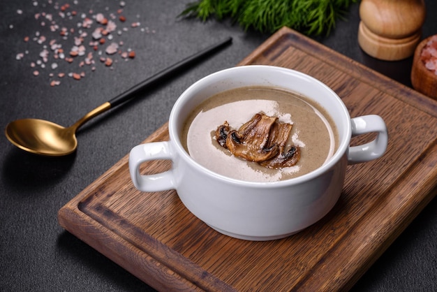 A delicious fresh thick soup of mushroom puree with breadcrumbs spices and herbs