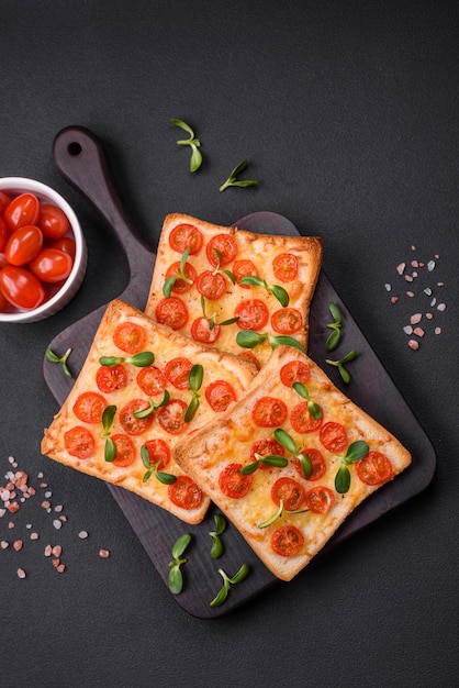 Delicious fresh toast or bruschetta with tomatoes cheese herbs salt and spices