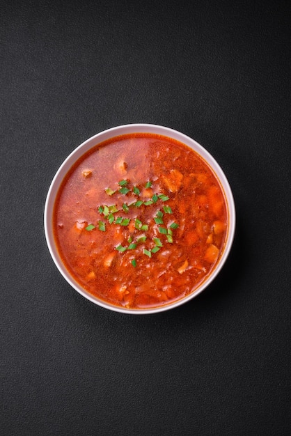 Delicious fresh Ukrainian borscht with beets carrots and cabbage