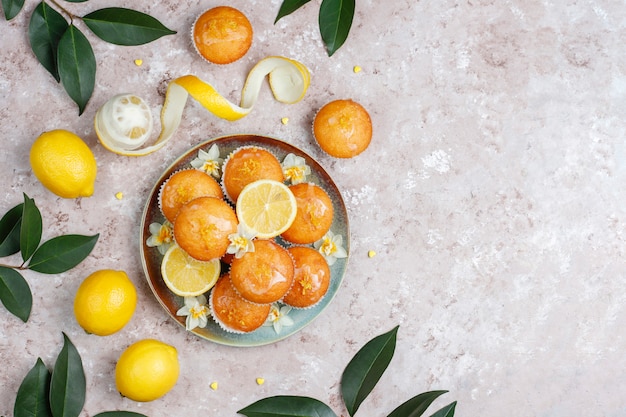 Delicious freshly baked homemade lemon muffins with lemons on a plate