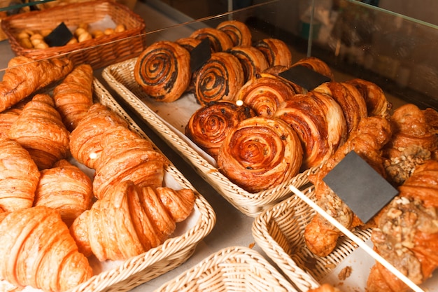 Delicious freshly baked pastries in a pastry shop.