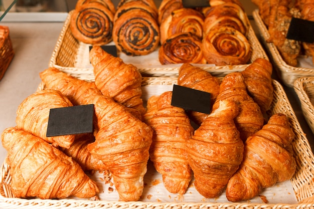 Delicious freshly baked pastries in a pastry shop.