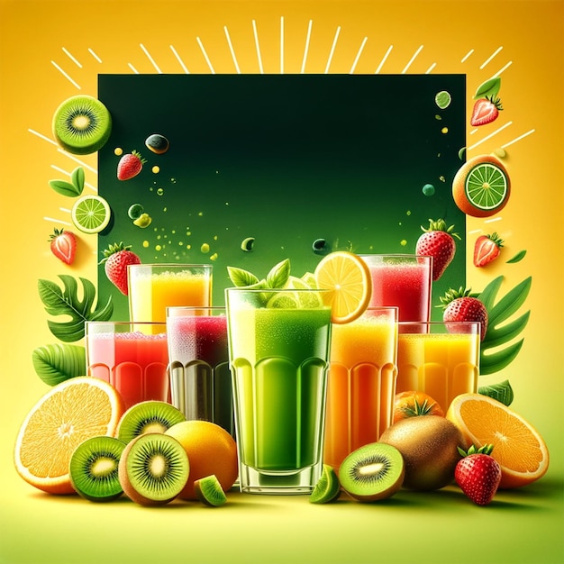 Photo delicious freshly juice with fruits different flavors for social media template design post banner