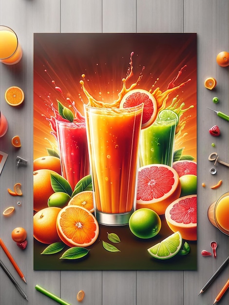 Foto delizioso succo fresco con frutta di diversi sapori per i modelli di social media per il banner del post