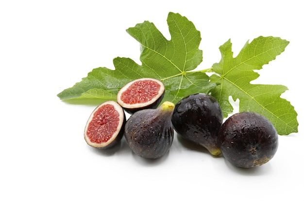 Delicious freshly picked ripe figs next to a green fig leaf on isolated white background